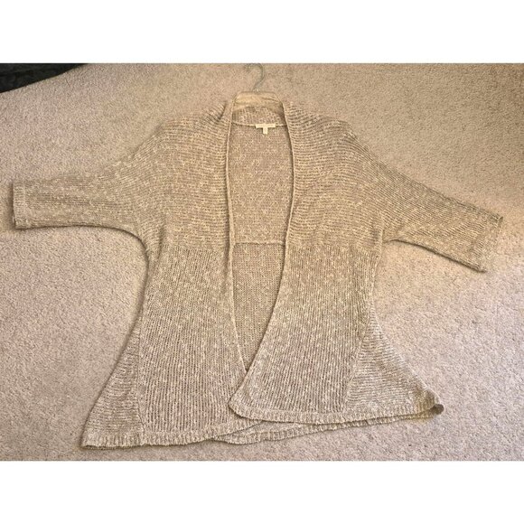Eileen Fisher Tan Linen/Cotton Blend 3/4th Sleeve Open Front Cardigan Size L Euc - Picture 1 of 8